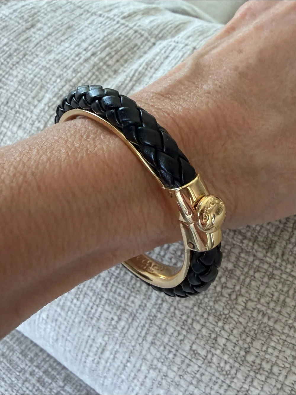 Coach New York Black Braided Leather & Gold Tone Bangle Bracelet